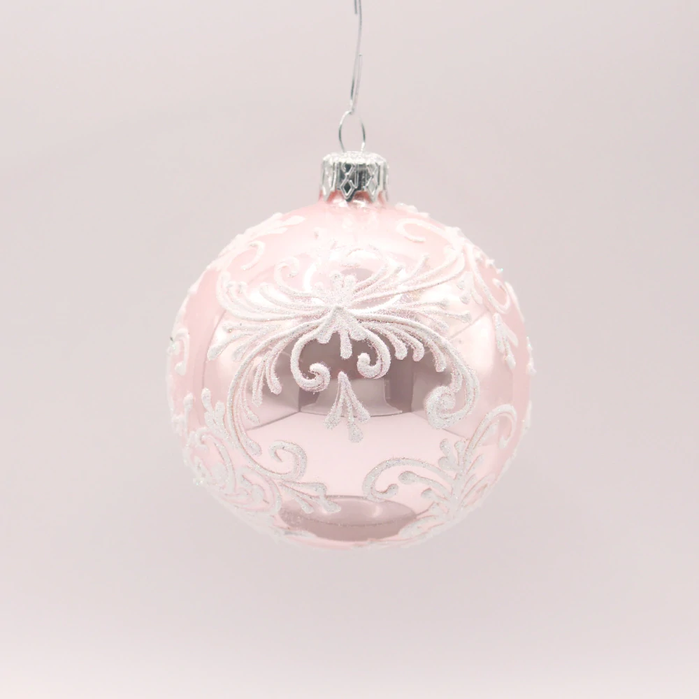 Růžová vánoční koule se sněhovými ornamenty – sada 6 ks (8 cm)