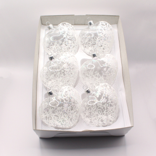 Sada čirých skleněných srdíček s bílým třpytivým ornamentem – 8 cm (6 ks)