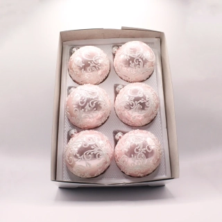 Růžová vánoční koule se sněhovými ornamenty – sada 6 ks (8 cm)
